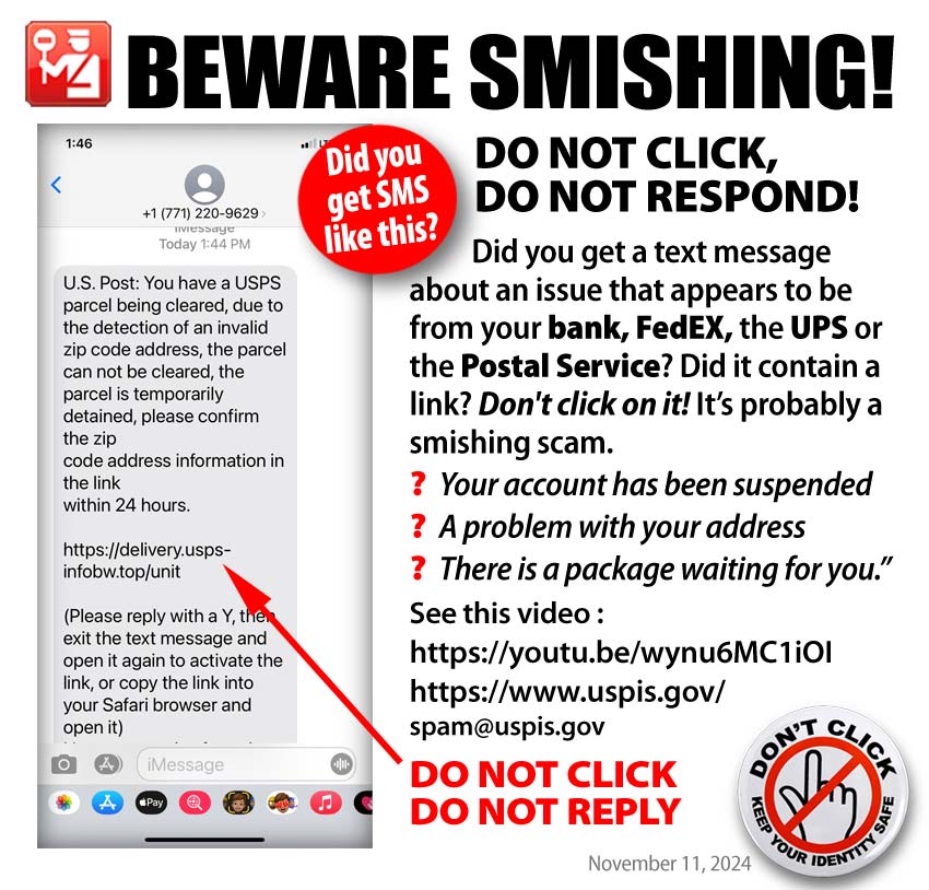 ALERT for SMISHING a form of Phishing, but using SMS